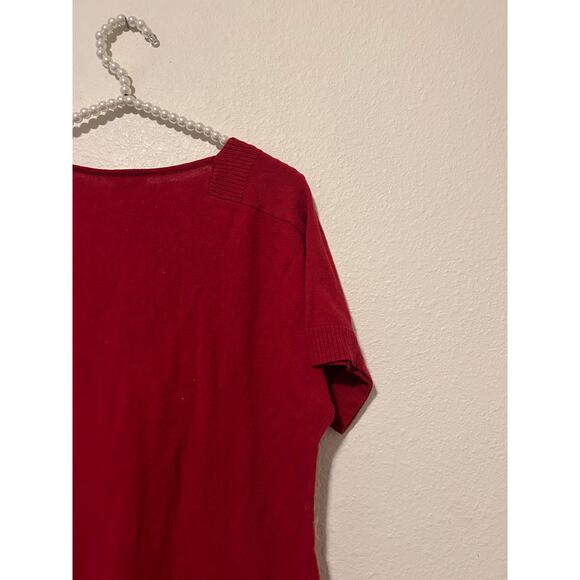 Chicos Size 1 US Medium Red Tunic Sweater Stretch Short Sleeve Silk V-Neck Top - Picture 13 of 16